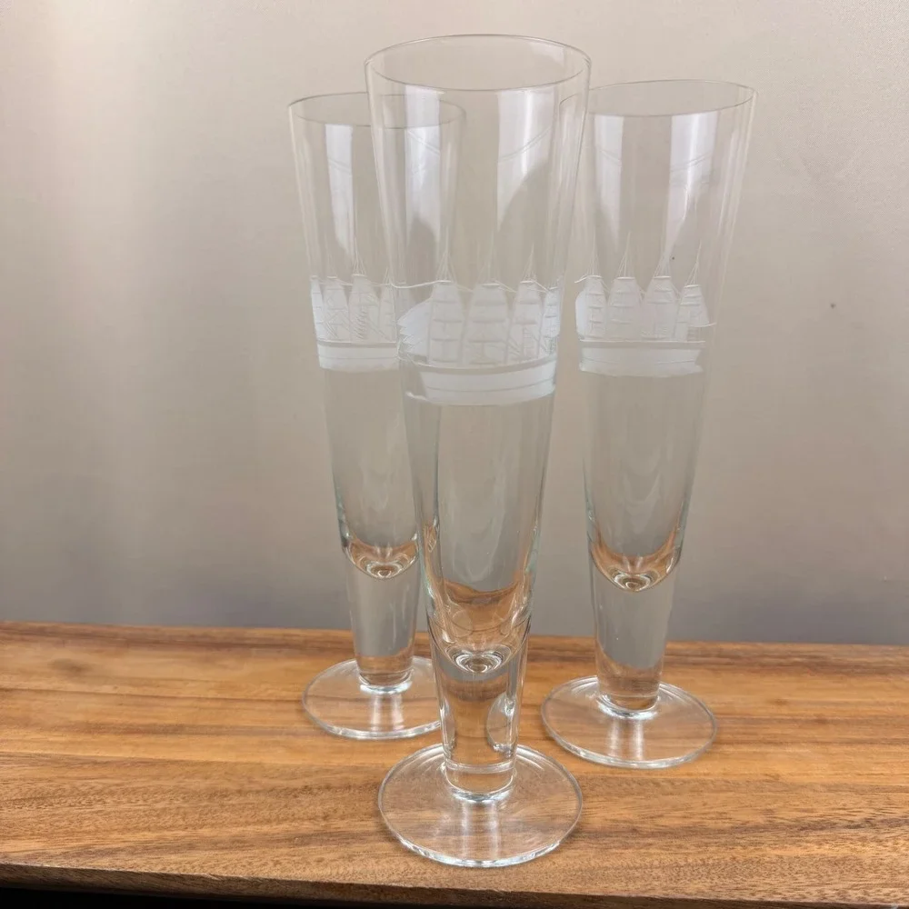 Toscany Etched Clipper Ship Tall Pilsner Glasses Set of 3 Nautical Clear Glass